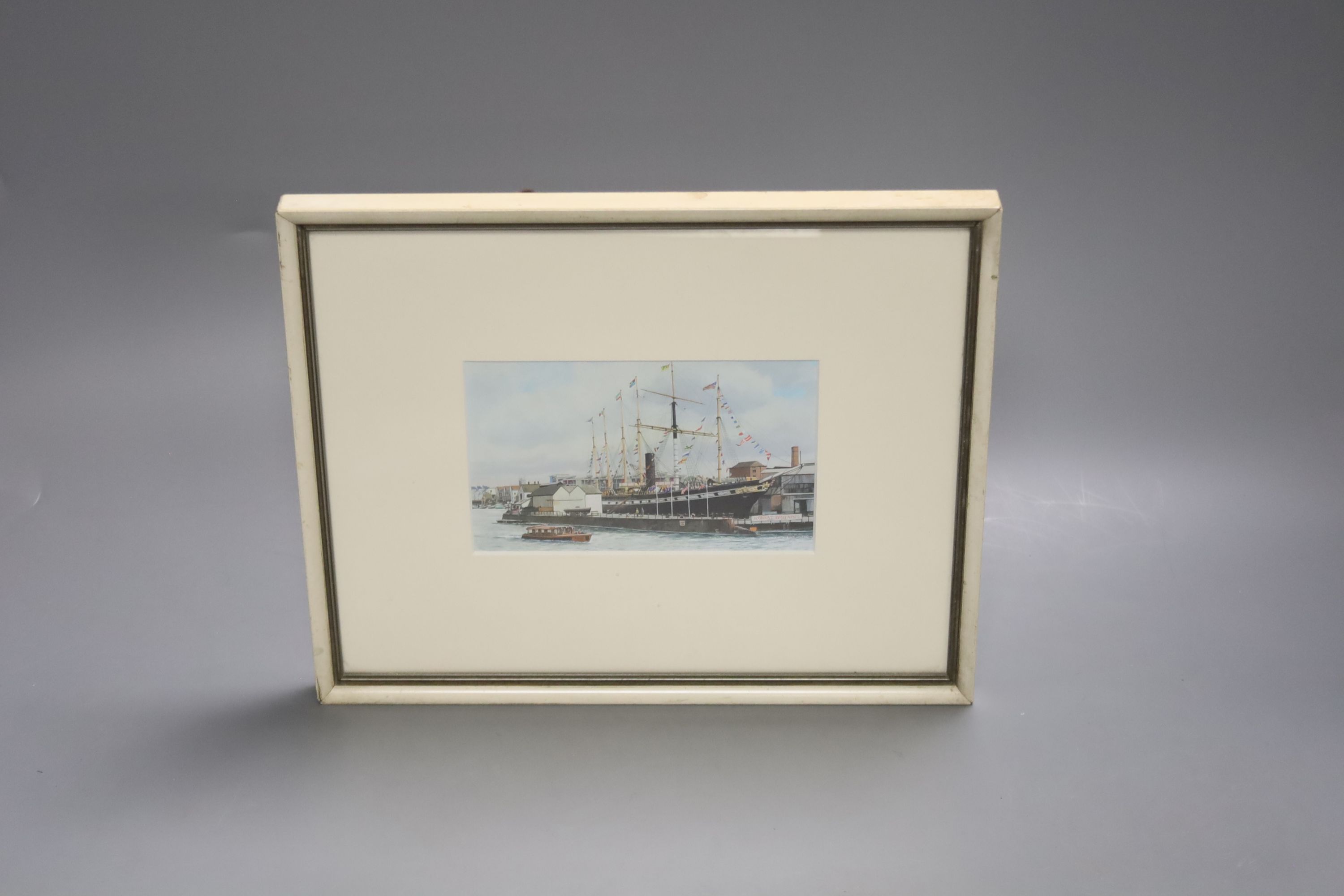 A miniature of The SS Great Britain, a brass snuff box and figure, a plant pot, a treen flower holder, etc